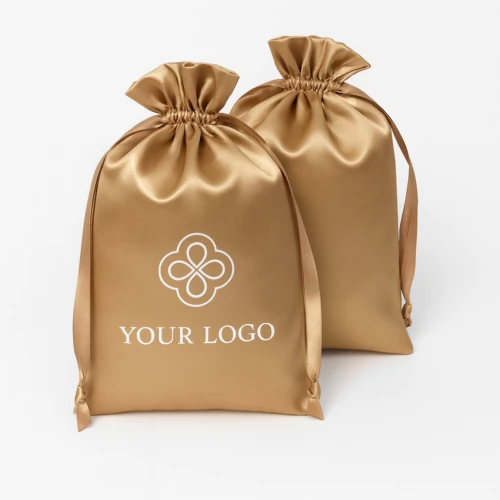 Two champagne gold RPET satin bags with drawstring closure and a blank logo placeholder, showing custom branding options for recycled gift packaging.