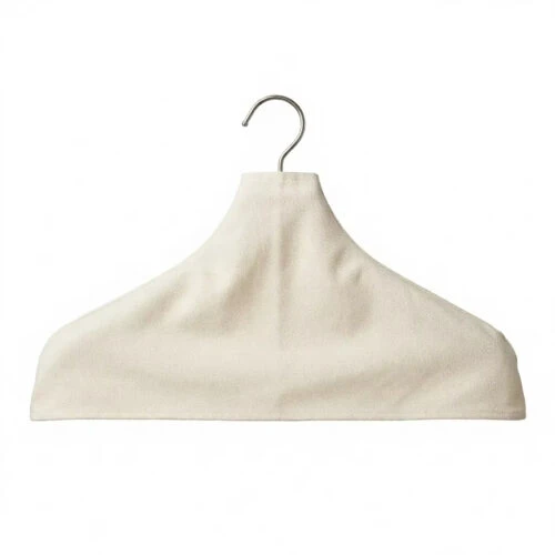 Custom Fabric Hanger Covers in off-white canvas with a tailored suit shoulder shape