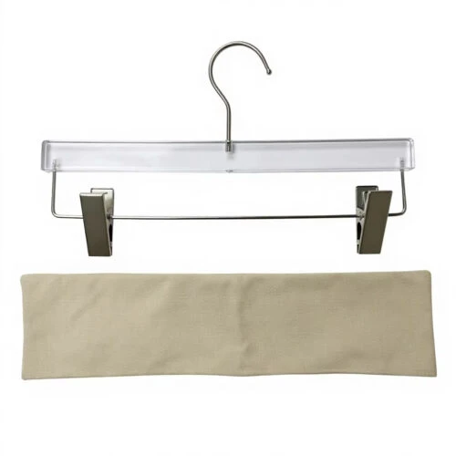 Custom Fabric Hanger Covers in khaki cotton displayed above a clear acrylic clamp hanger