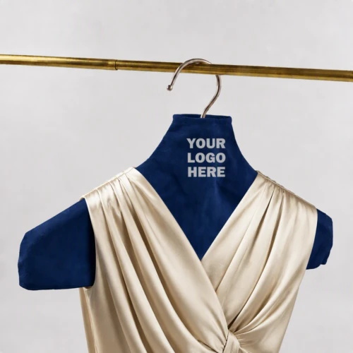 Navy Custom Fabric Hanger Covers protecting a silk evening dress on a gold garment rail