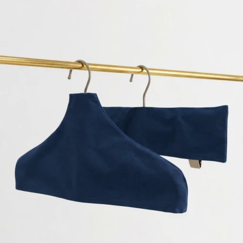 Navy Custom Fabric Hanger Covers in suit and trouser bar styles hanging on a gold rail