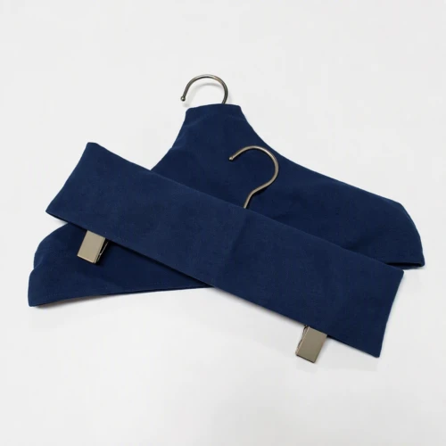 Two navy Custom Fabric Hanger Covers stacked flat on a white background, showing hanger hooks and clips