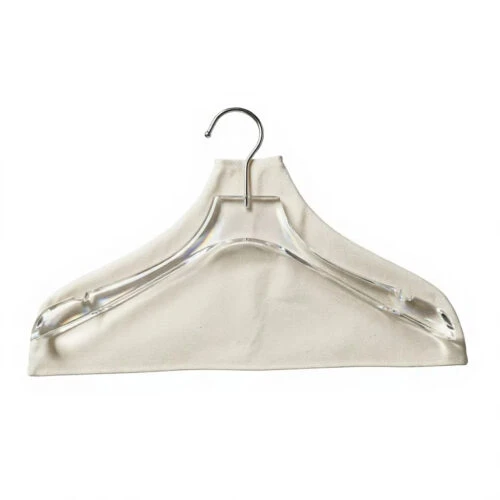 White Custom Fabric Hanger Covers fitted over a clear acrylic hanger with shoulder shaping