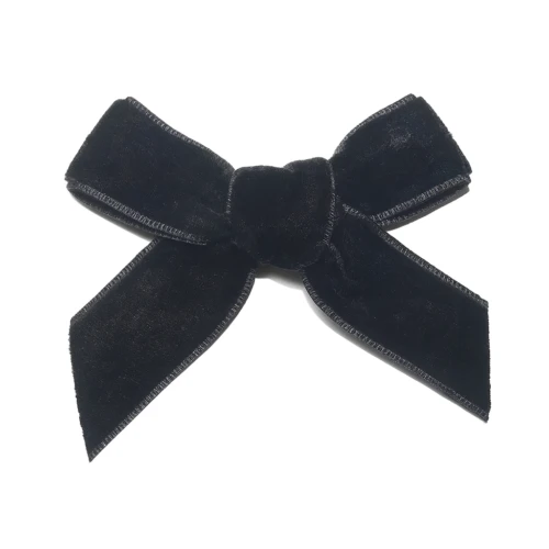 Black velvet ribbon bows with zigzag serged edges, custom sample for luxury gift packaging