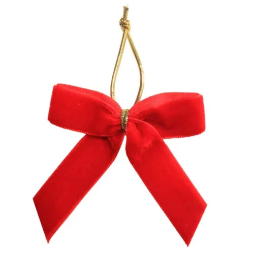Red velvet ribbon bows with a gold elastic hanging loop for gift bags, tags and candy pouches