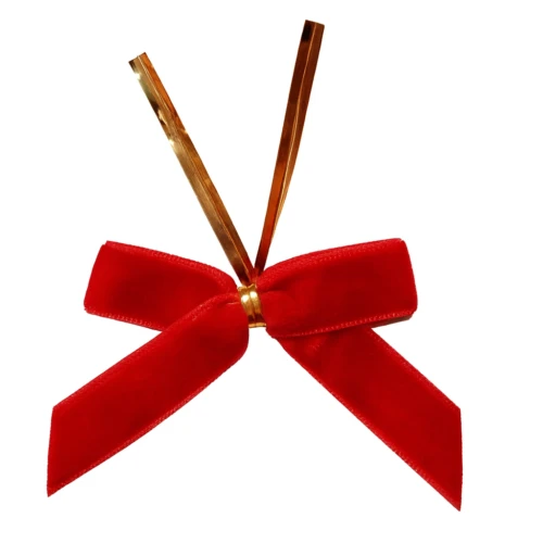 Red velvet ribbon bows with a gold foil twist tie for luxury gift boxes and jewelry packaging