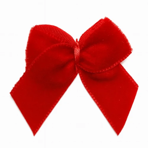 Red velvet ribbon bows with flat-cut tails and stitched edges, custom gift wrap sample